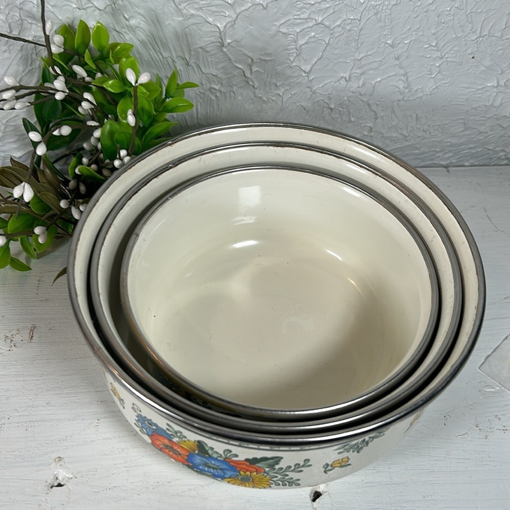 VTG Enamelware Old Amsterdam Floral & Leaf Mixing Nesting Stackable 3 Bowls - Picture 14 of 15